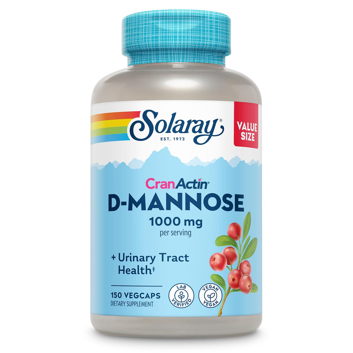 SOLARAY D-Mannose CranActin bottle – convenient capsules for daily urinary wellness support.