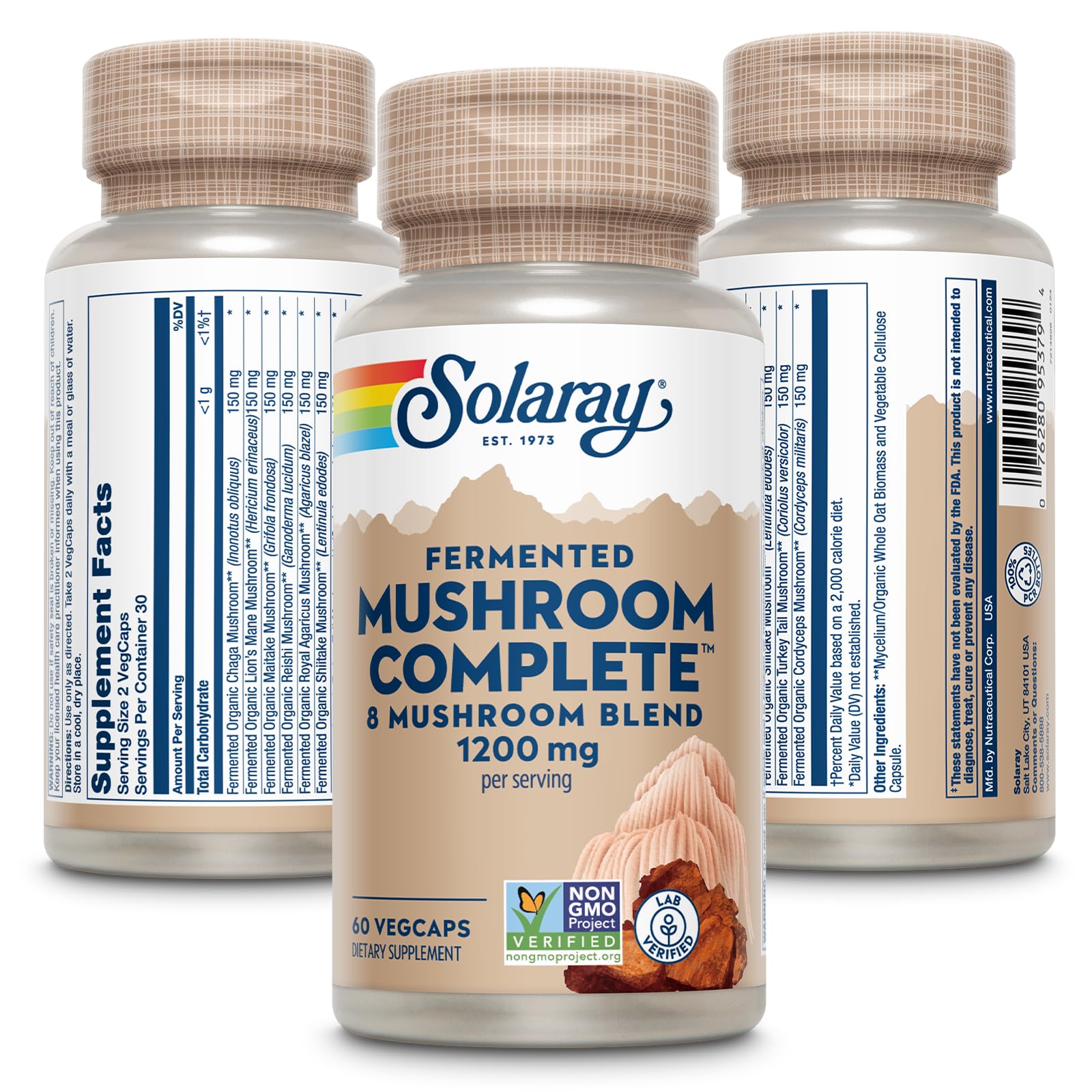 SOLARAY etiqueta con lista de ingredientes orgánicos y certificación GMP visible