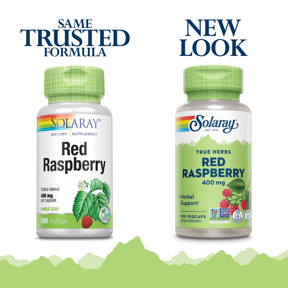 SOLARAY etiqueta de cápsulas de hojas de frambuesa roja, perfecta para identificar el producto.