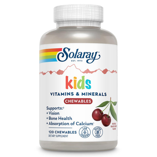SOLARAY frasco frontal con masticables de cereza, fácil administración