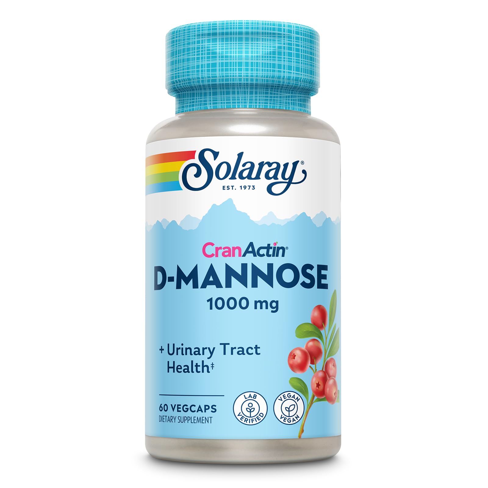SOLARAY frasco frente mostrando la etiqueta y beneficio de salud urinaria