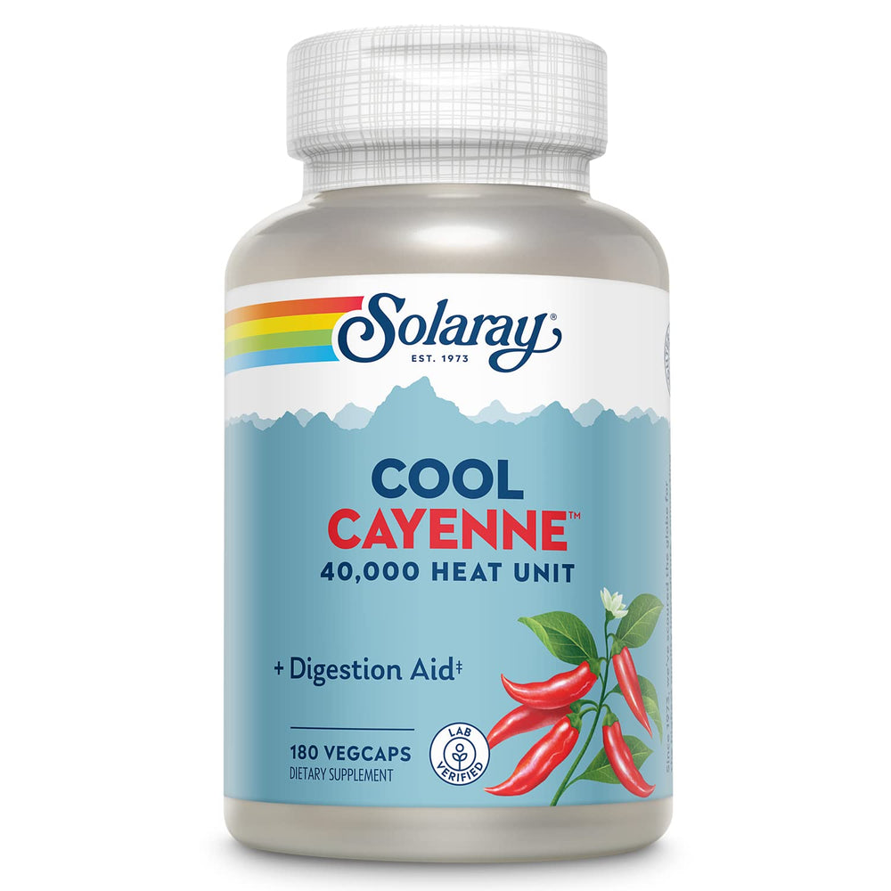 SOLARAY frasco frontal de Cool Cayenne 40,000 HU mostrando el envase