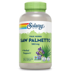 SOLARAY frasco frontal de Saw Palmetto con etiqueta clara y ventaja de suministro prolongado