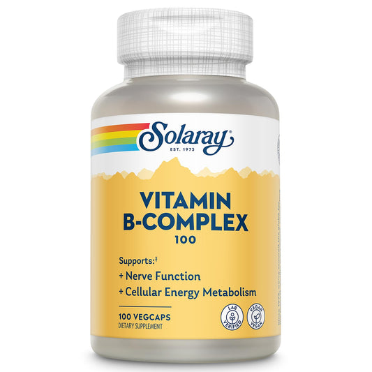 SOLARAY frasco frontal del Vitamin B Complex mostrando etiqueta y cantidad