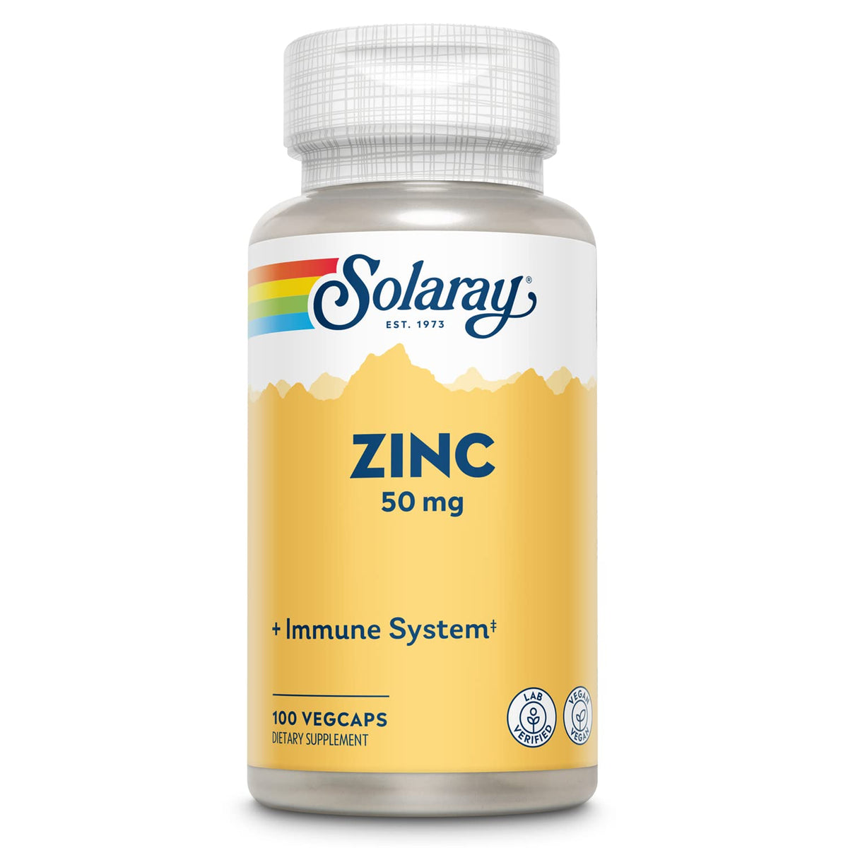 Solaray frasco frontal de Zinc 50 mg mostrando etiqueta y cuenta 100 cápsulas, confianza
