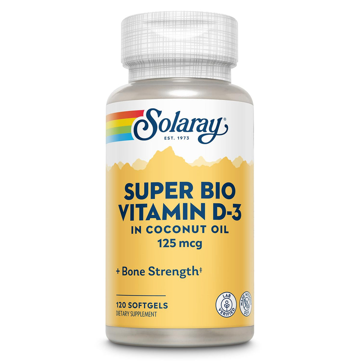 SOLARAY envase frontal de Super Bio Vitamin D3 5000 IU mostrando 120 softgels y beneficios