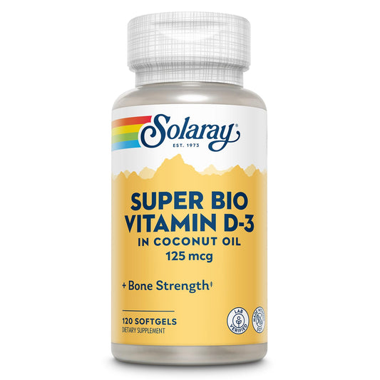 SOLARAY envase frontal de Super Bio Vitamin D3 5000 IU mostrando 120 softgels y beneficios