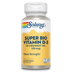 SOLARAY envase frontal de Super Bio Vitamin D3 5000 IU mostrando 120 softgels y beneficios