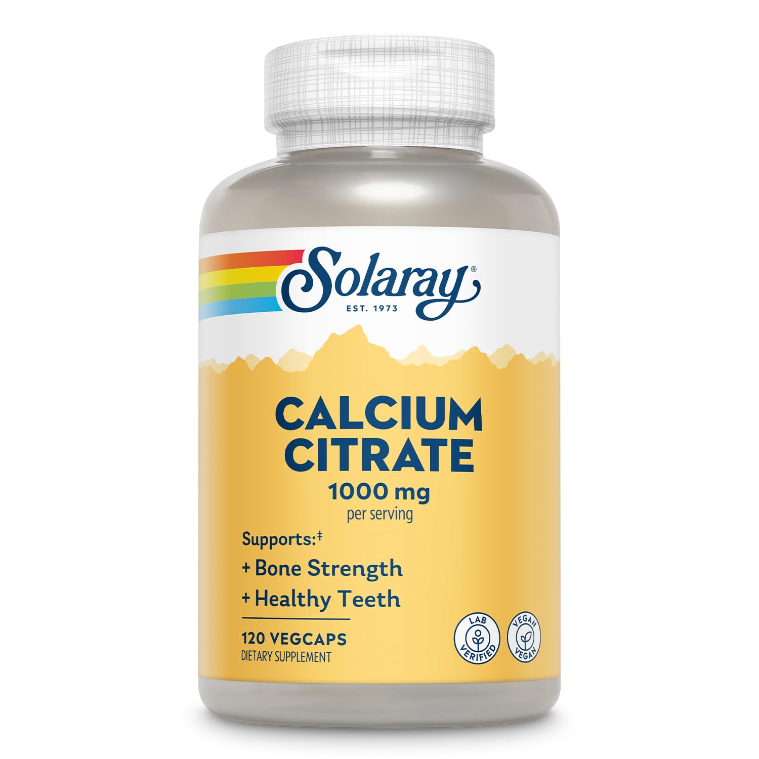 SOLARAY frasco frontal mostrando 120 VegCaps y beneficio de calcio biodisponible