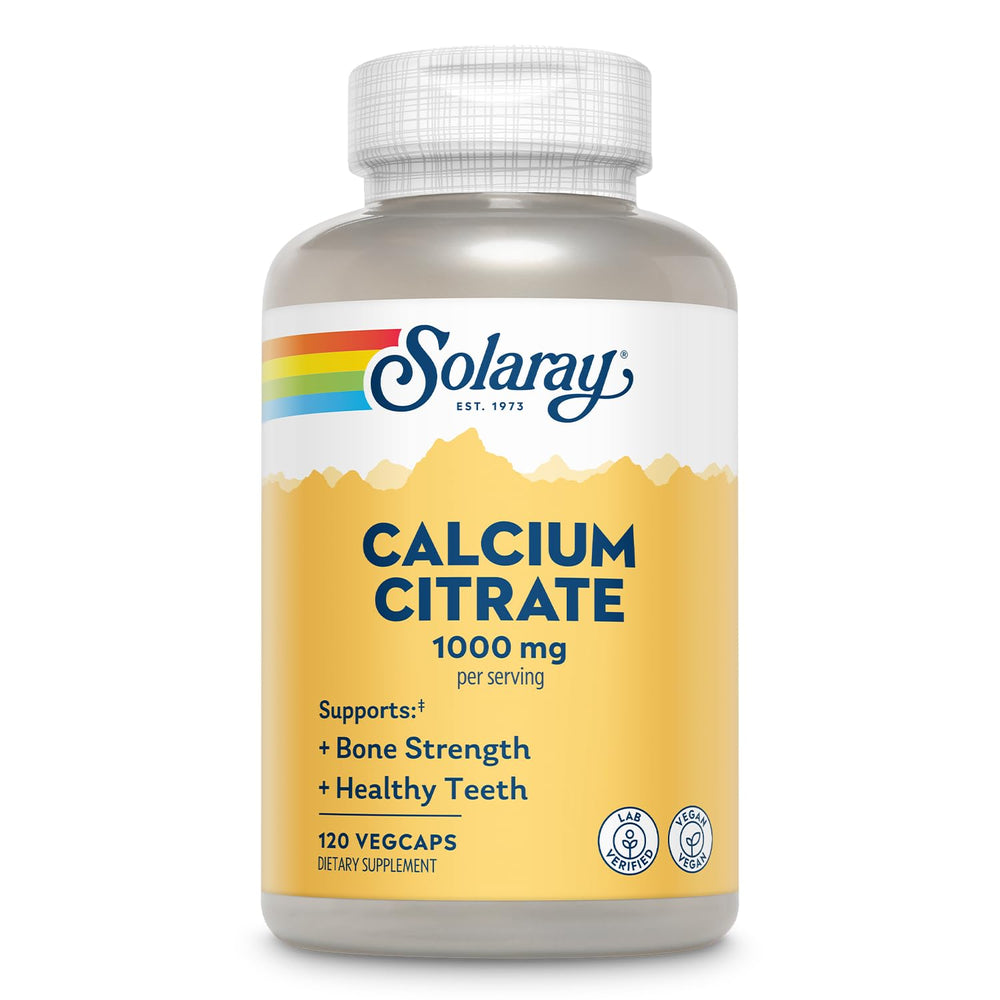 SOLARAY frasco frontal mostrando 120 VegCaps y beneficio de calcio biodisponible