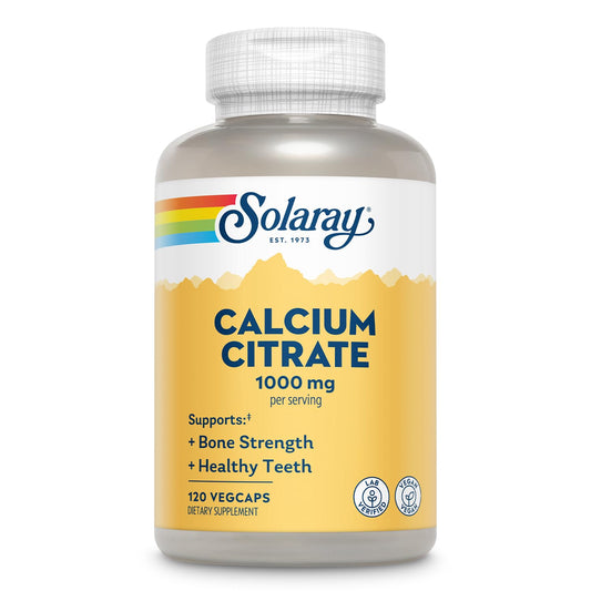 SOLARAY frasco frontal mostrando 120 VegCaps y beneficio de calcio biodisponible