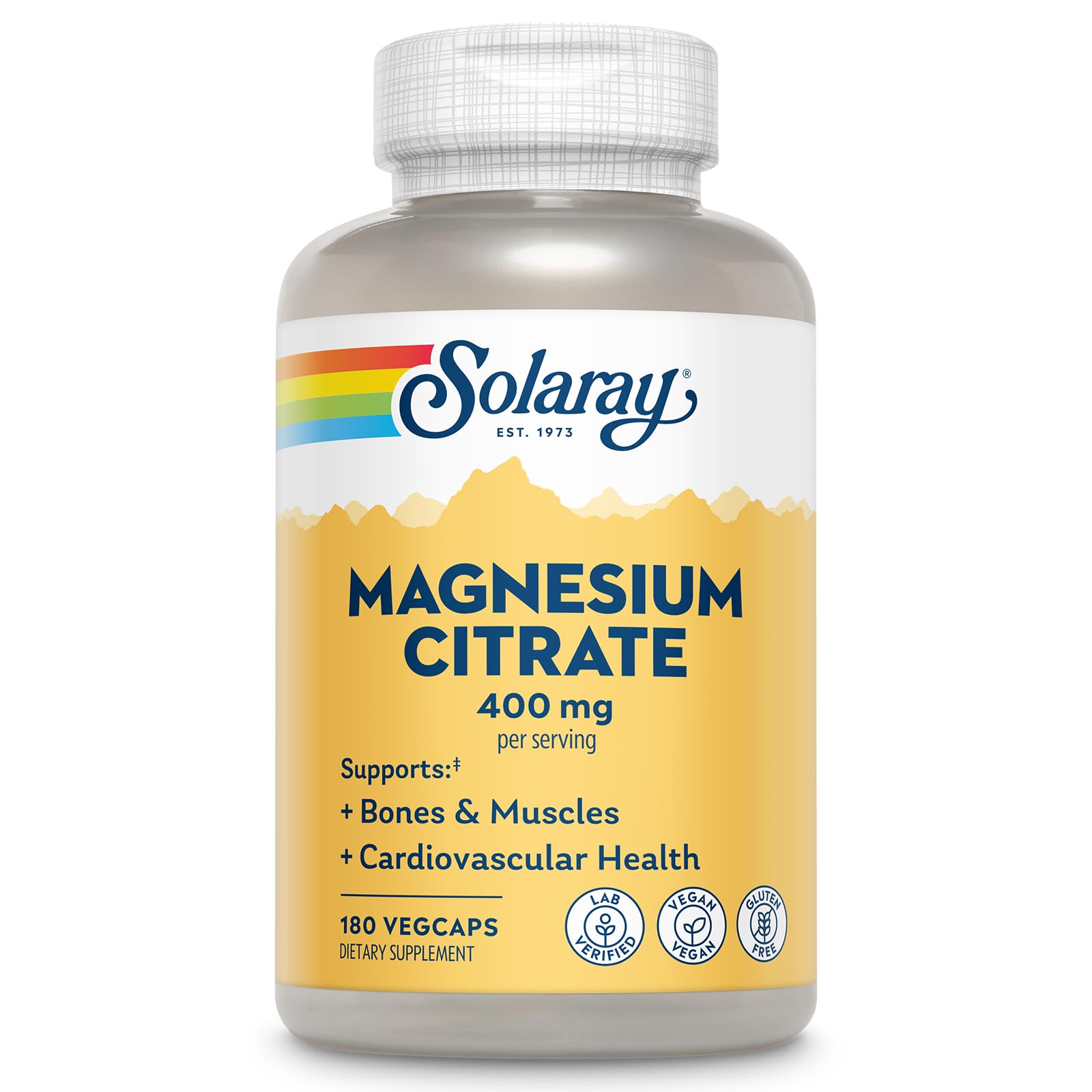 SOLARAY envase frontal de Magnesium Citrate mostrando etiquetado claro y dosis