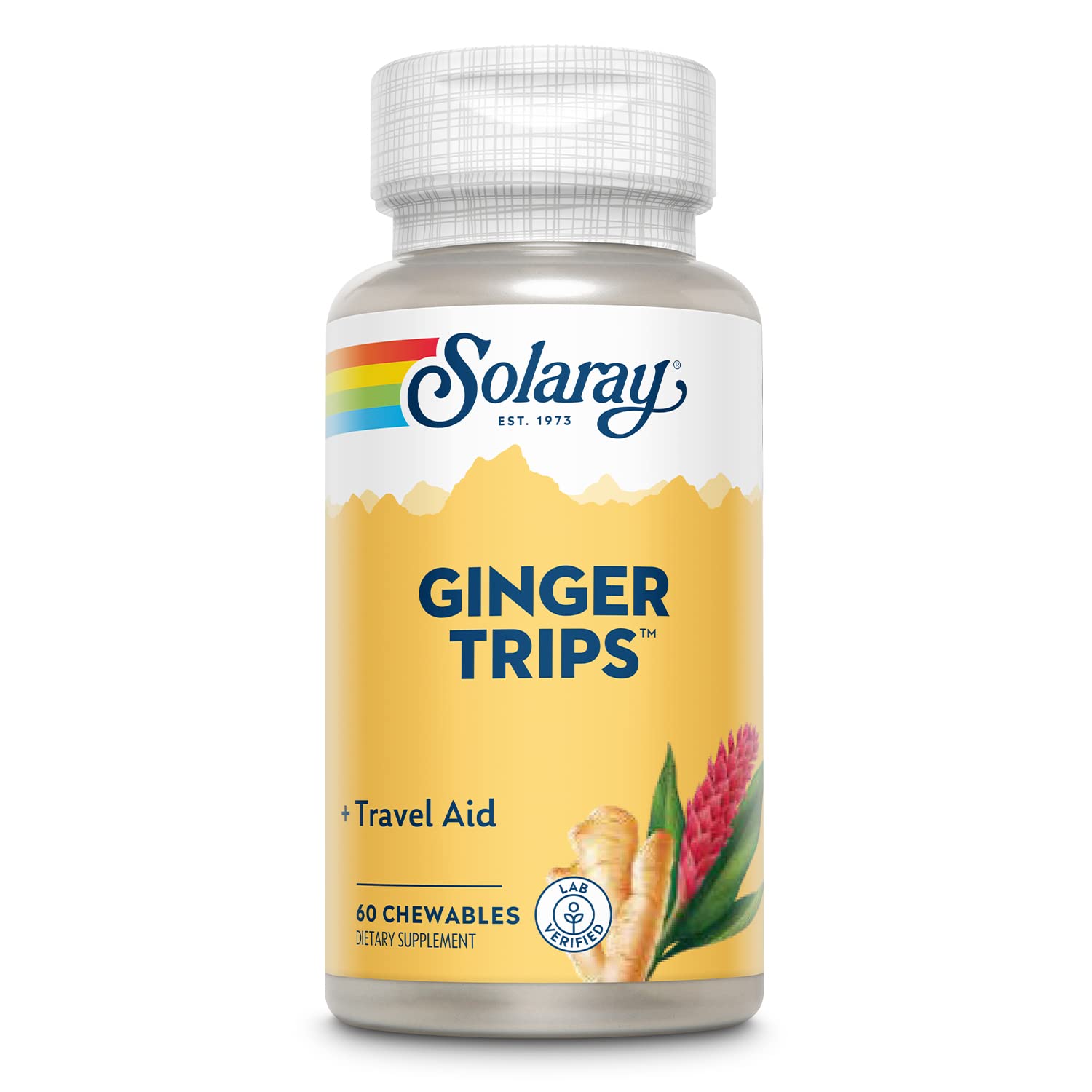 Envase SOLARAY Ginger Trips frontal mostrando 60 tabletas, portátil y práctico