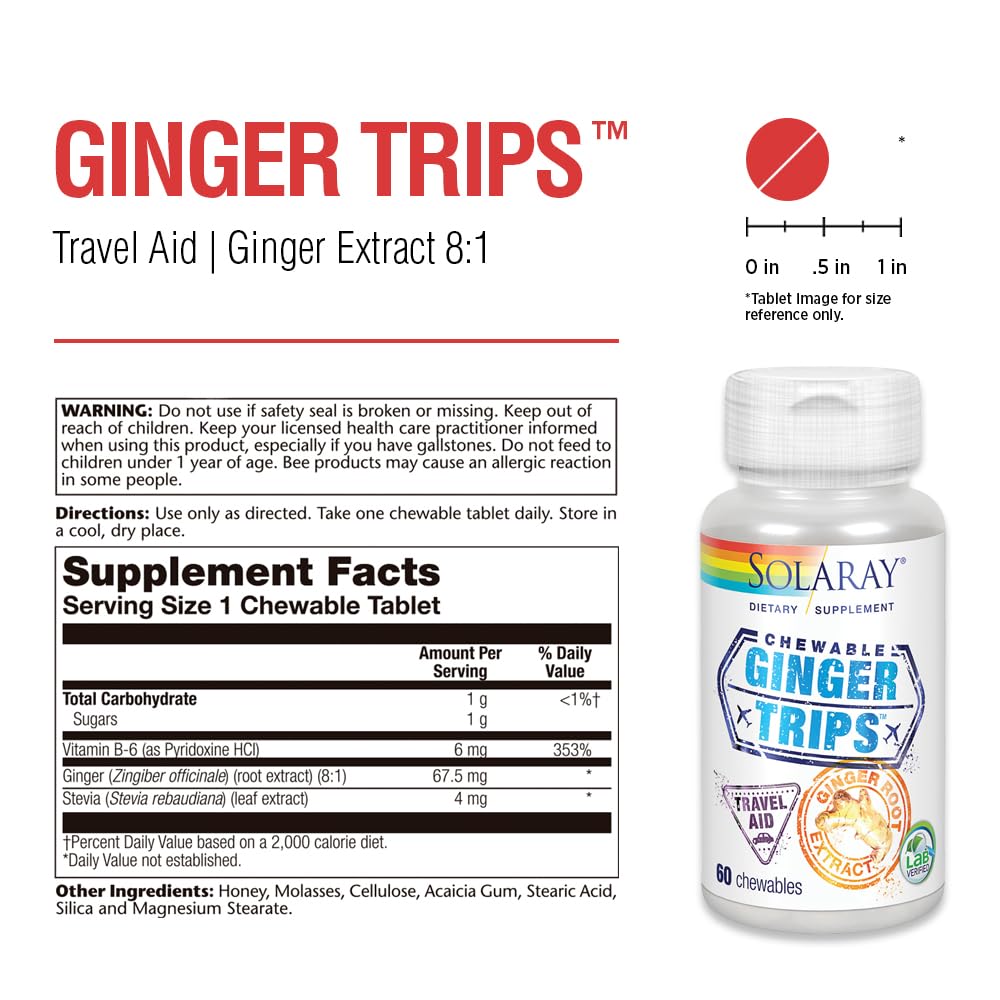 Primer plano de la textura de la tableta SOLARAY Ginger Trips, apariencia uniforme y masticable