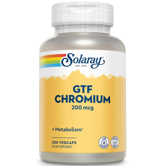 Solaray GTF Cromo 200mcg, cápsula vegana para apoyar metabolismo y energía diaria.