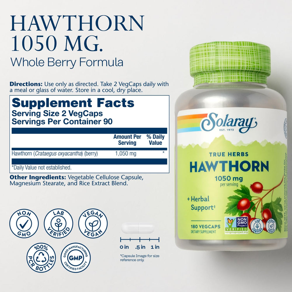 SOLARAY cápsulas veganas de Hawthorn Berry en primer plano con textura visible