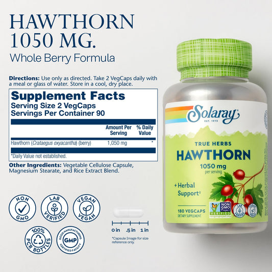 SOLARAY cápsulas veganas de Hawthorn Berry en primer plano con textura visible