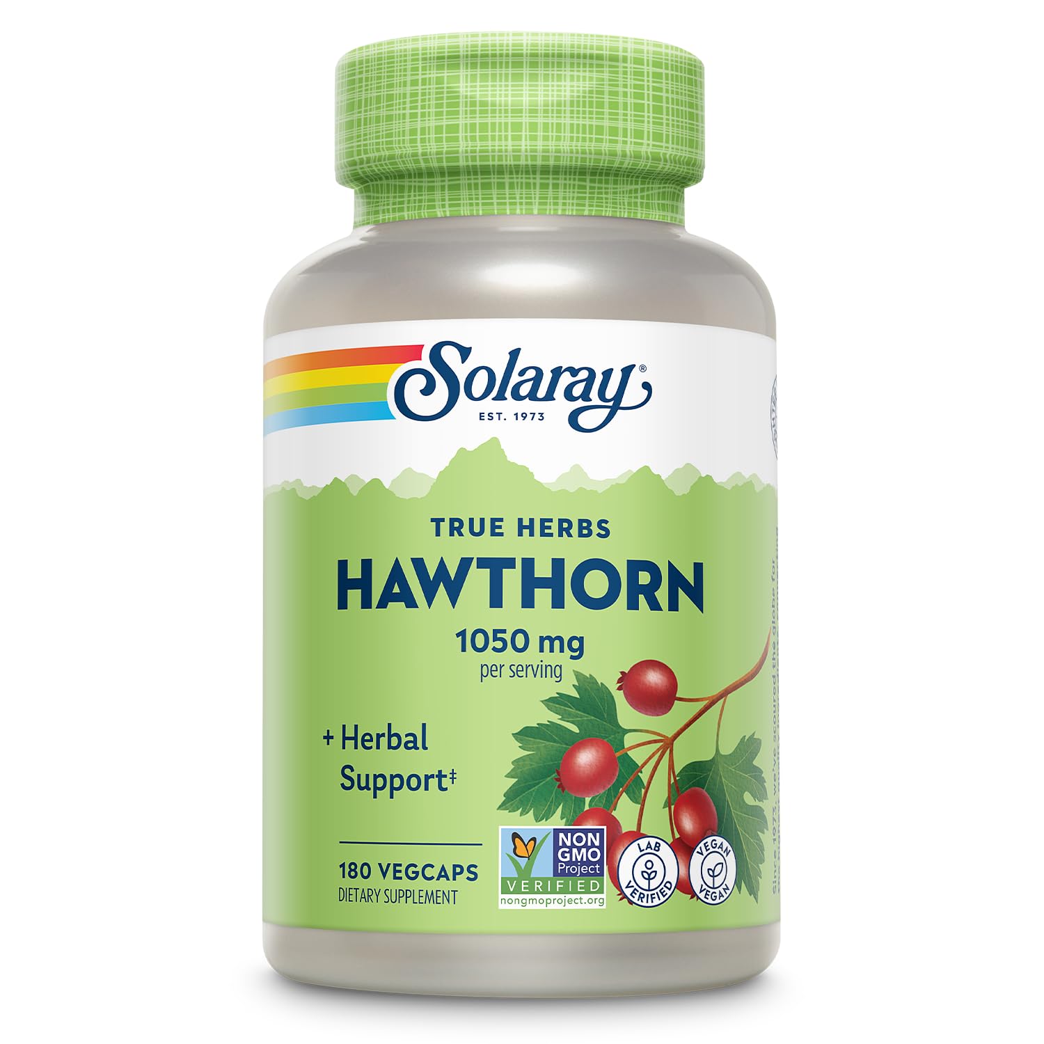 SOLARAY frasco frontal de Hawthorn Berry 180 vegcaps mostrando diseño y tamaño