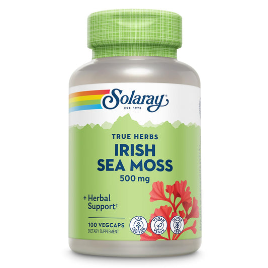 SOLARAY Irish Sea Moss bottle showing vegan capsules for daily gut support.