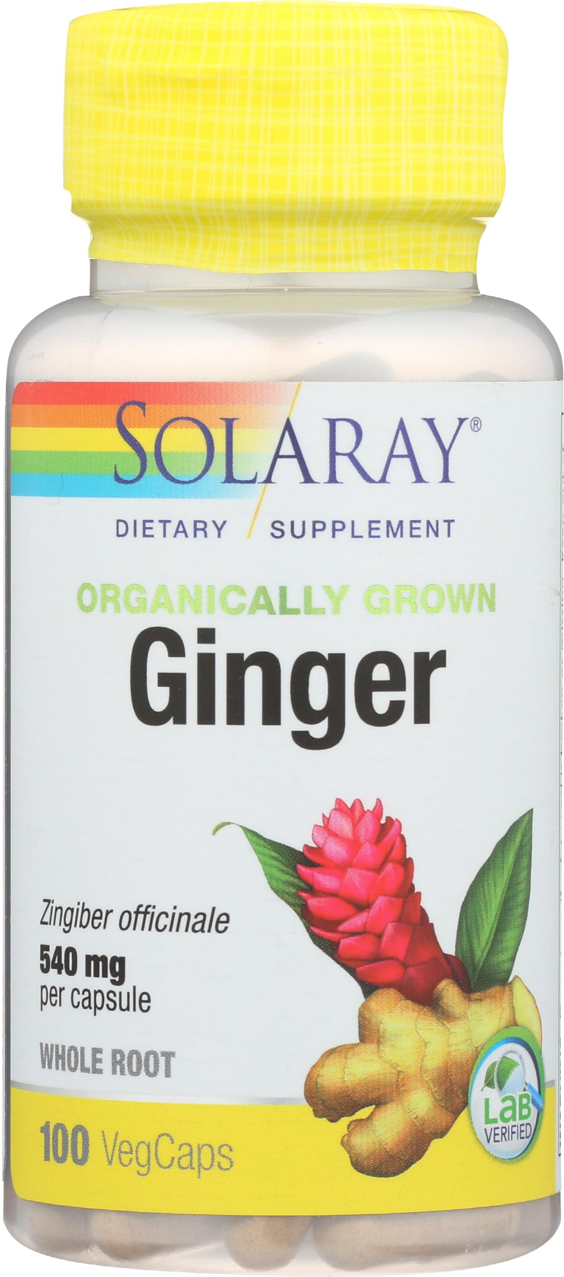 SOLARAY cápsula abierta con polvo de jengibre mostrando ingrediente natural concentrado