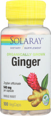 SOLARAY cápsula abierta con polvo de jengibre mostrando ingrediente natural concentrado
