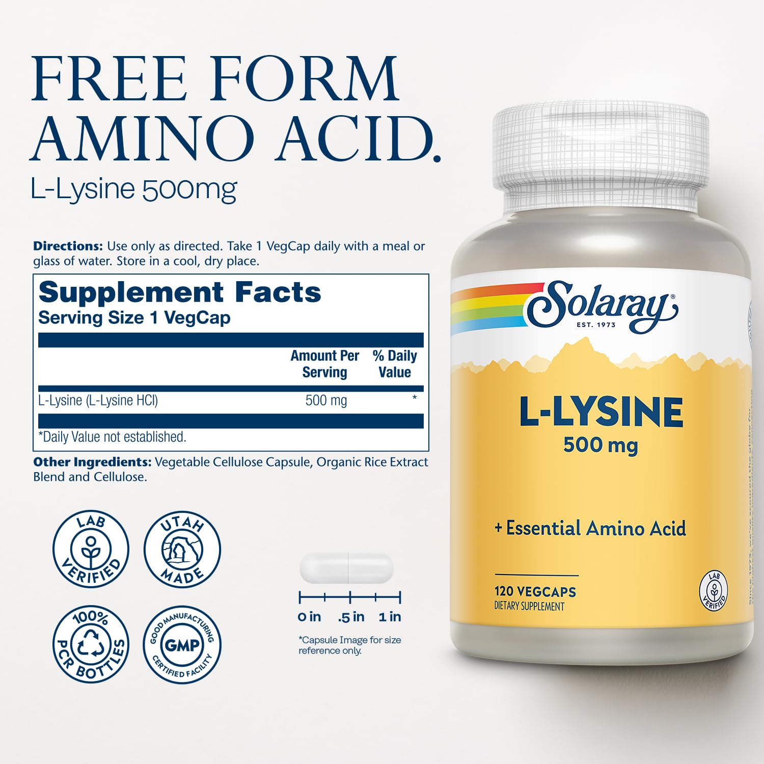 SOLARAY cápsula de L-Lysine en primer plano, textura clara y fácil de tragar