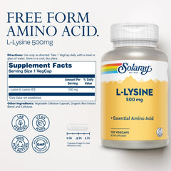 SOLARAY cápsula de L-Lysine en primer plano, textura clara y fácil de tragar