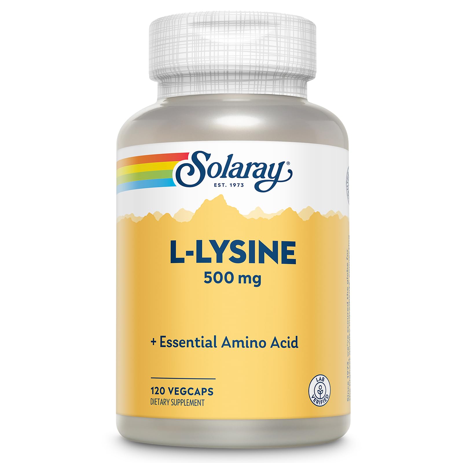 SOLARAY frasco frontal de L-Lysine 500 mg mostrando envase y beneficio de pureza