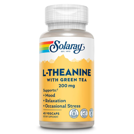 SOLARAY L-teanina 200 mg en botella para relajación suave y equilibrio emocional.