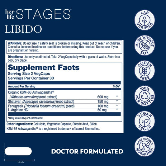 SOLARAY Libido Life Stages: etiqueta clara, fácil identificación de ingredientes clave.