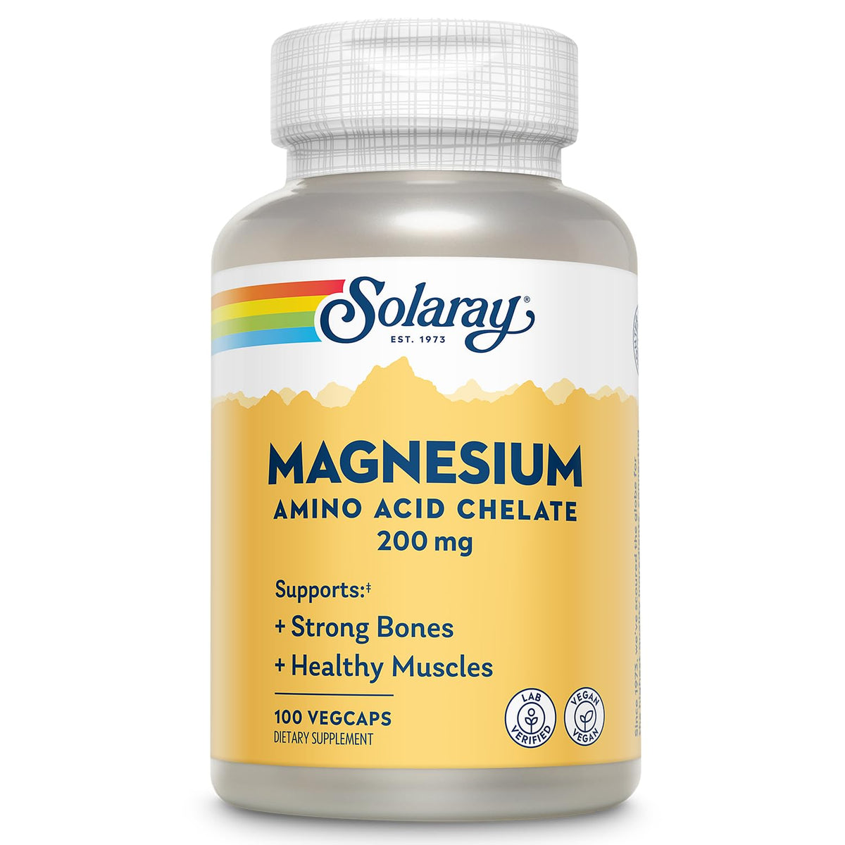 SOLARAY magnesio quelado 200 mg en frasco, apoyo diario para la función muscular.