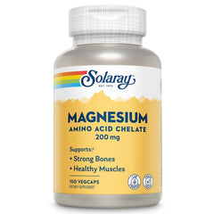 SOLARAY magnesio quelado 200 mg en frasco, apoyo diario para la función muscular.