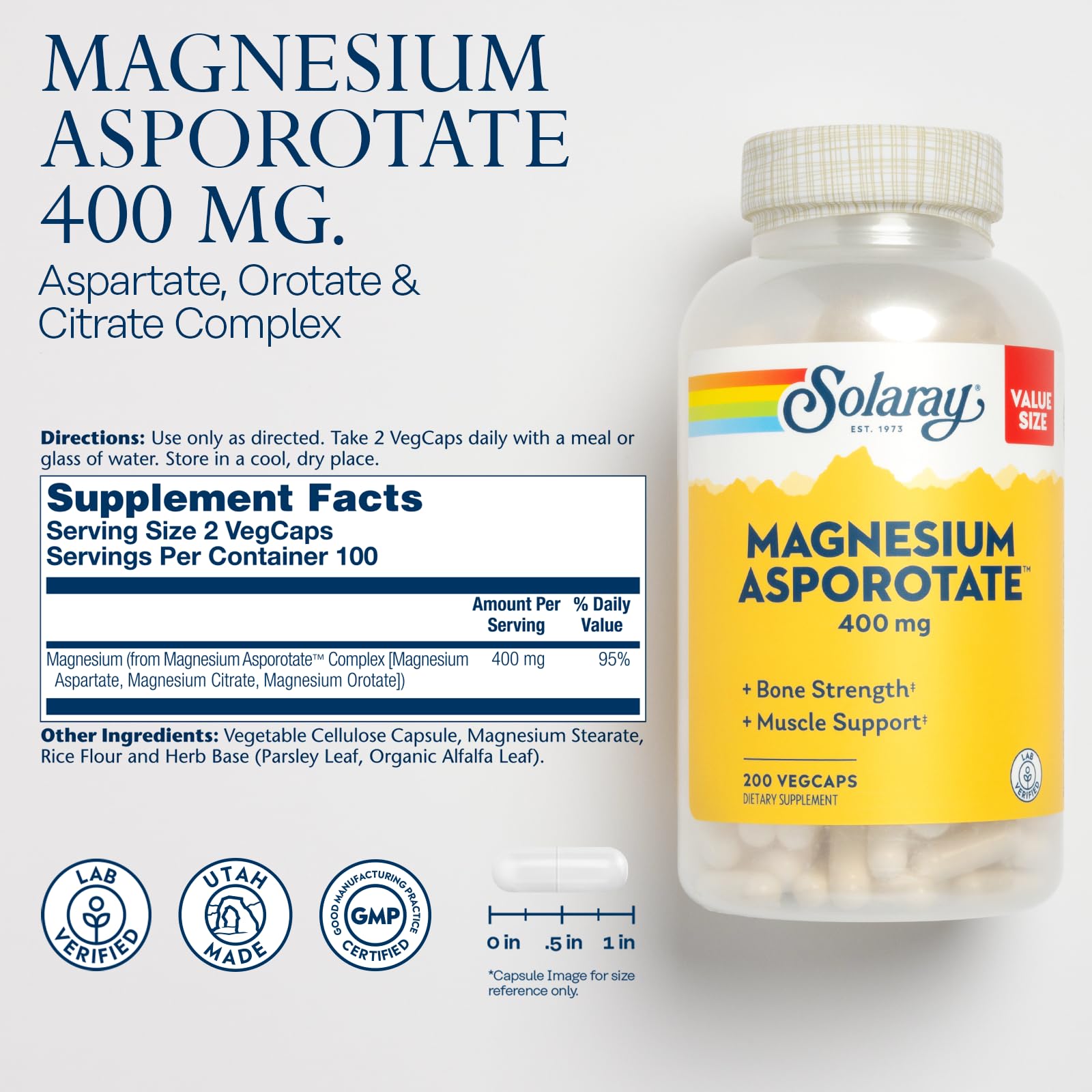 SOLARAY Magnesium Asporotate 400 mg en cápsulas, uso diario cómodo.