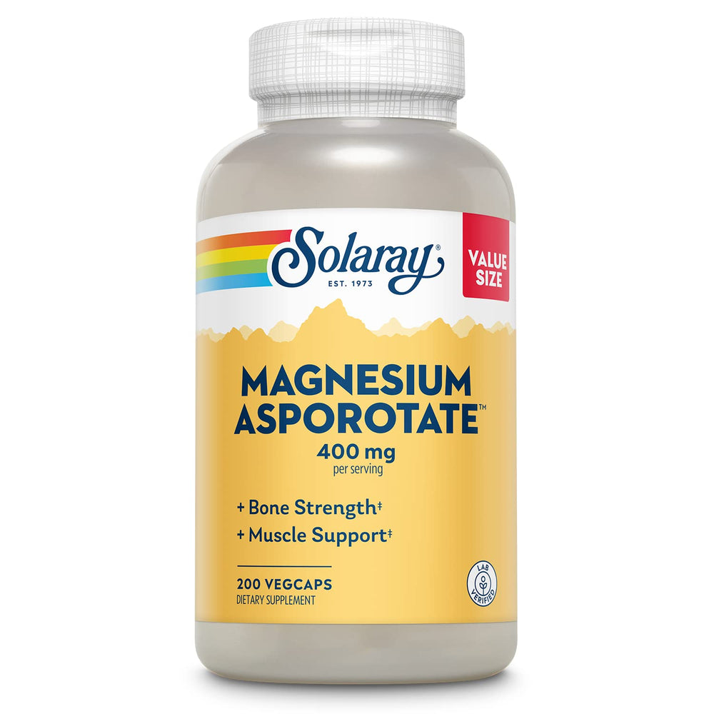 SOLARAY Magnesium Asporotate 400 mg en frasco, alta absorción para uso diario.