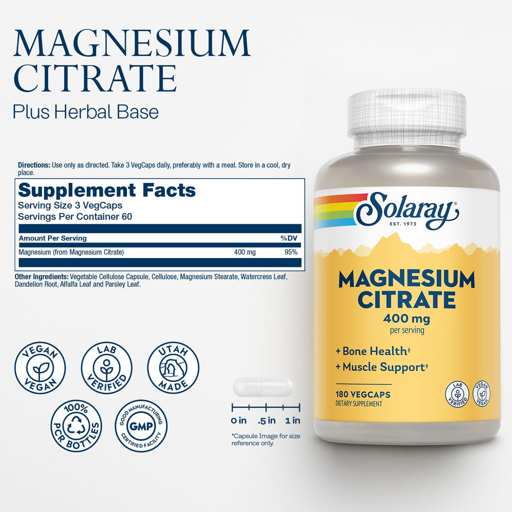 Solaray Magnesium Citrate: cápsulas de 400 mg para salud ósea