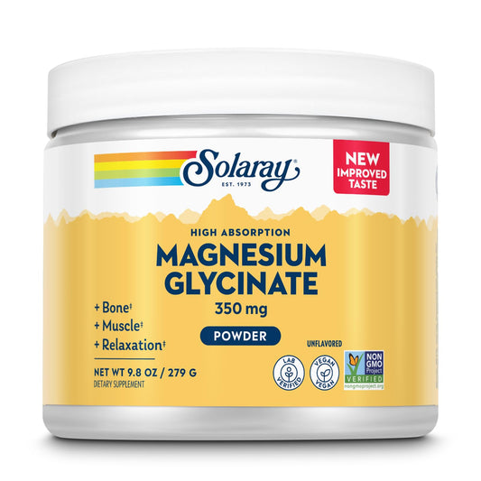 SOLARAY Magnesium Glycinate en polvo: empaque práctico para dosis diaria.