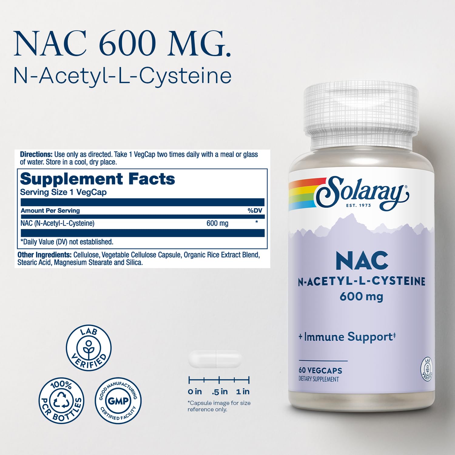 Cápsula vegetal SOLARAY NAC en primer plano para ver forma y textura