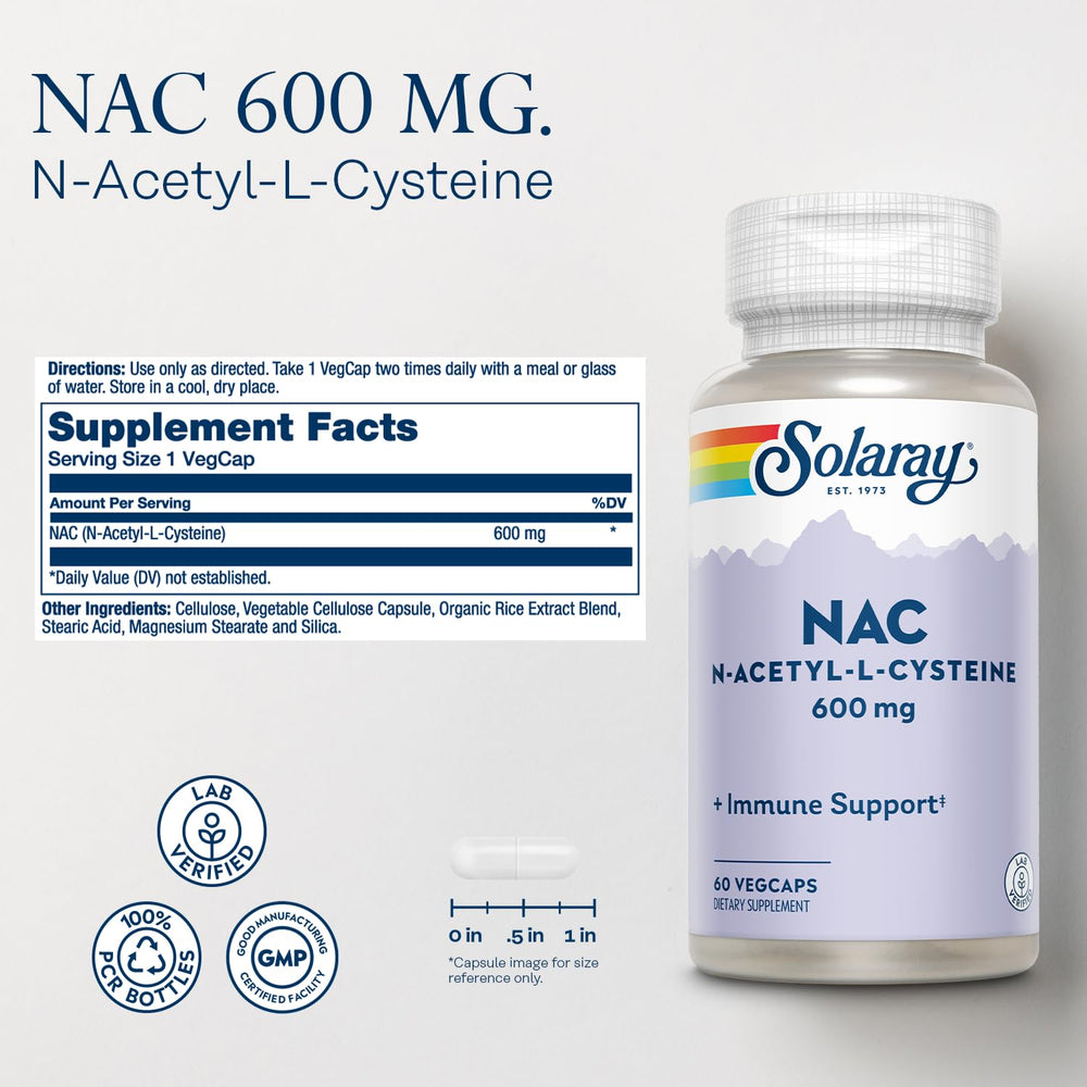 Cápsula vegetal SOLARAY NAC en primer plano para ver forma y textura