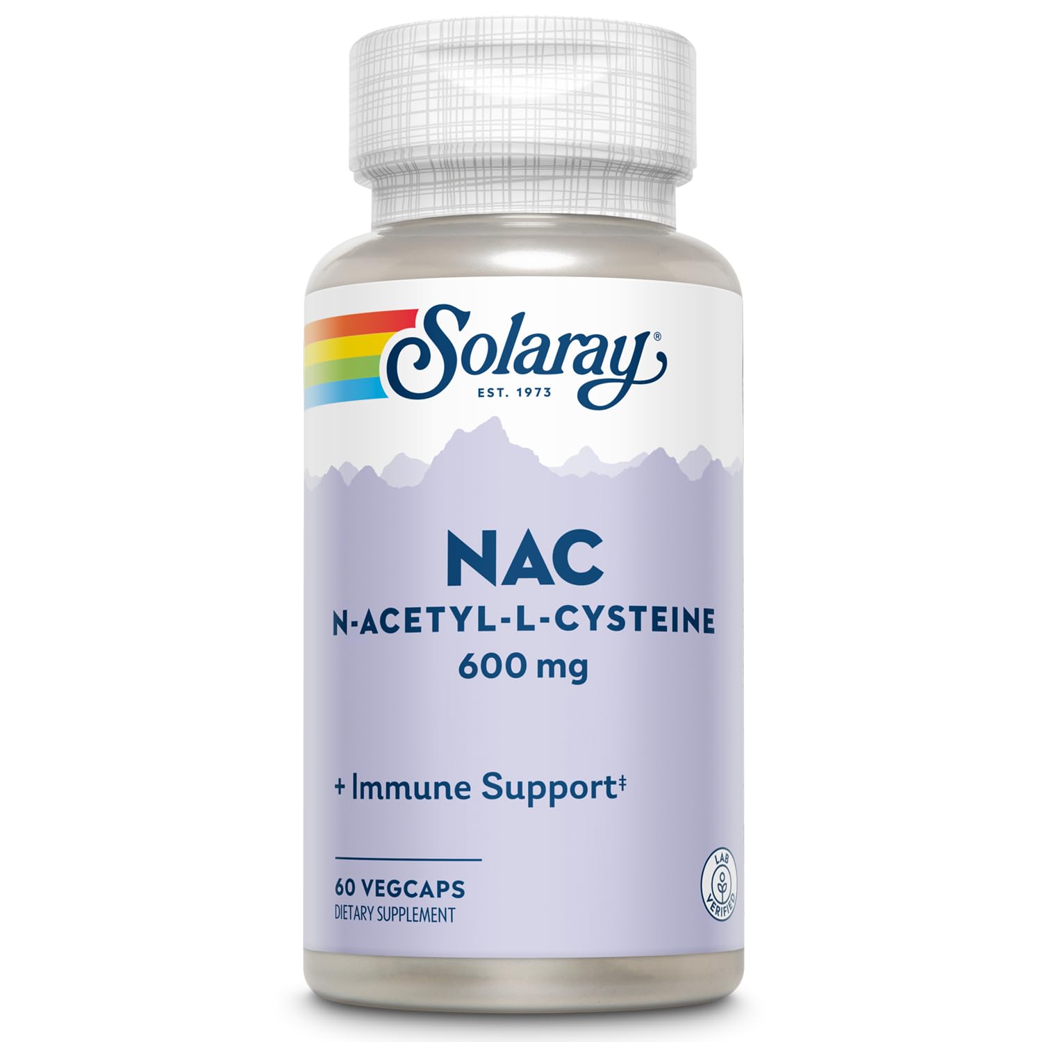 SOLARAY envase frontal del suplemento NAC 600 mg mostrando etiqueta y tamaño