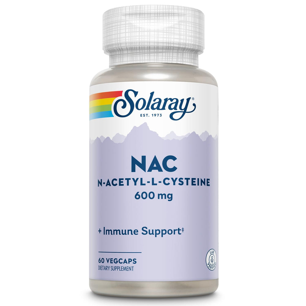 SOLARAY envase frontal del suplemento NAC 600 mg mostrando etiqueta y tamaño