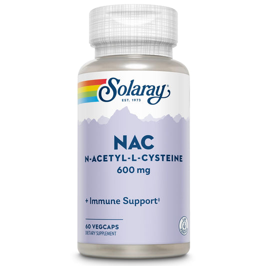 SOLARAY envase frontal del suplemento NAC 600 mg mostrando etiqueta y tamaño