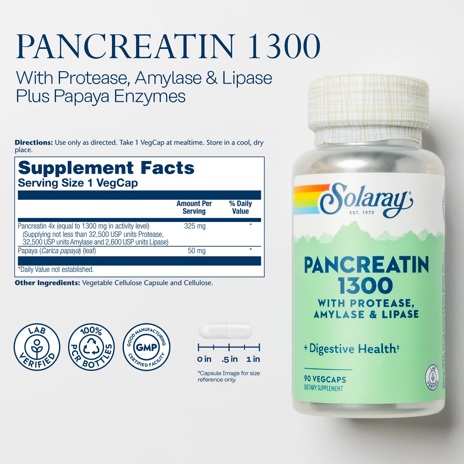 Cápsula vegetal SOLARAY Pancreatin 1300 en primer plano mostrando textura y facilidad de ingestión