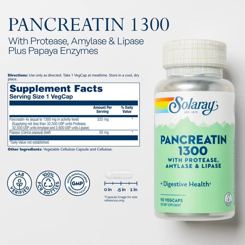 Cápsula vegetal SOLARAY Pancreatin 1300 en primer plano mostrando textura y facilidad de ingestión