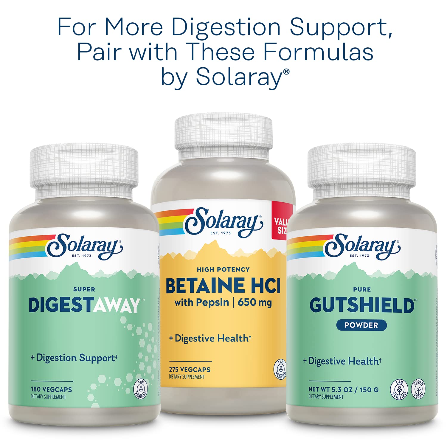 Botella SOLARAY Pancreatin en una cocina junto a alimentos, apoyando digestión en comidas