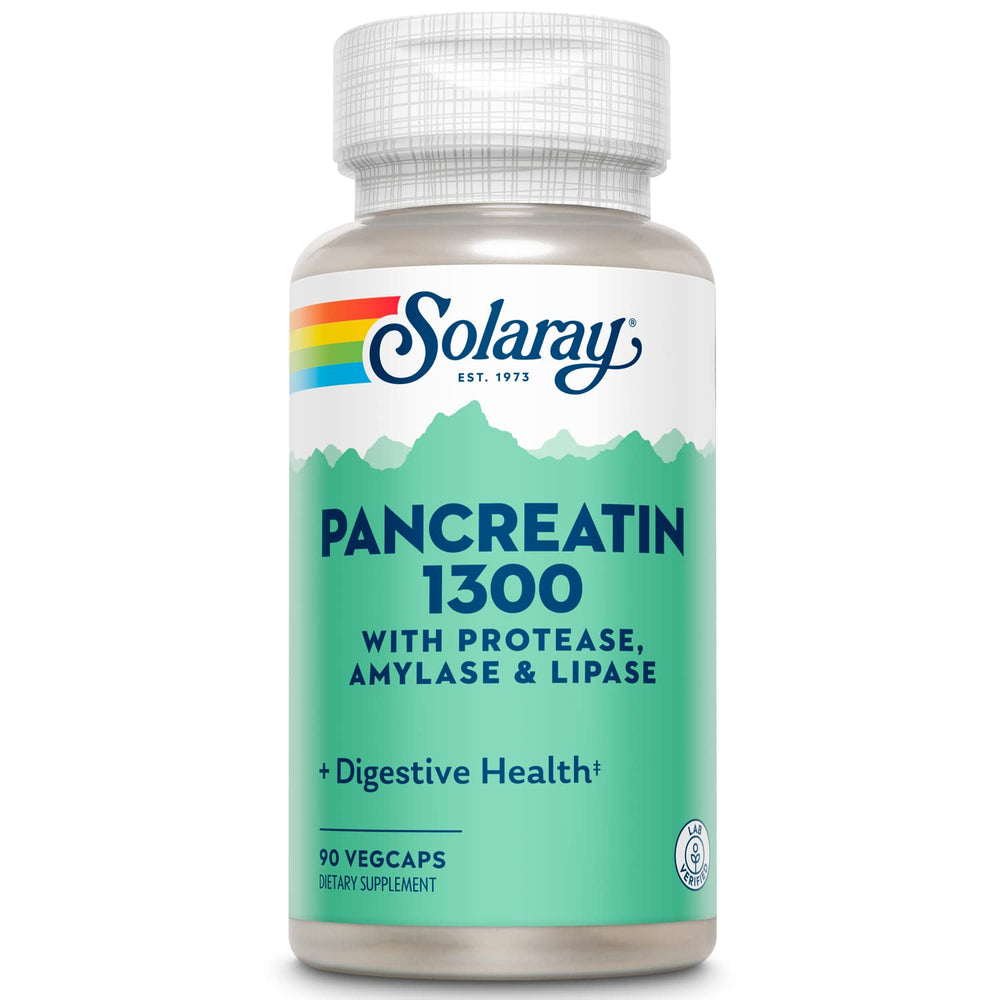 Frasco SOLARAY Pancreatin 1300 frente con diseño claro y beneficio digestivo