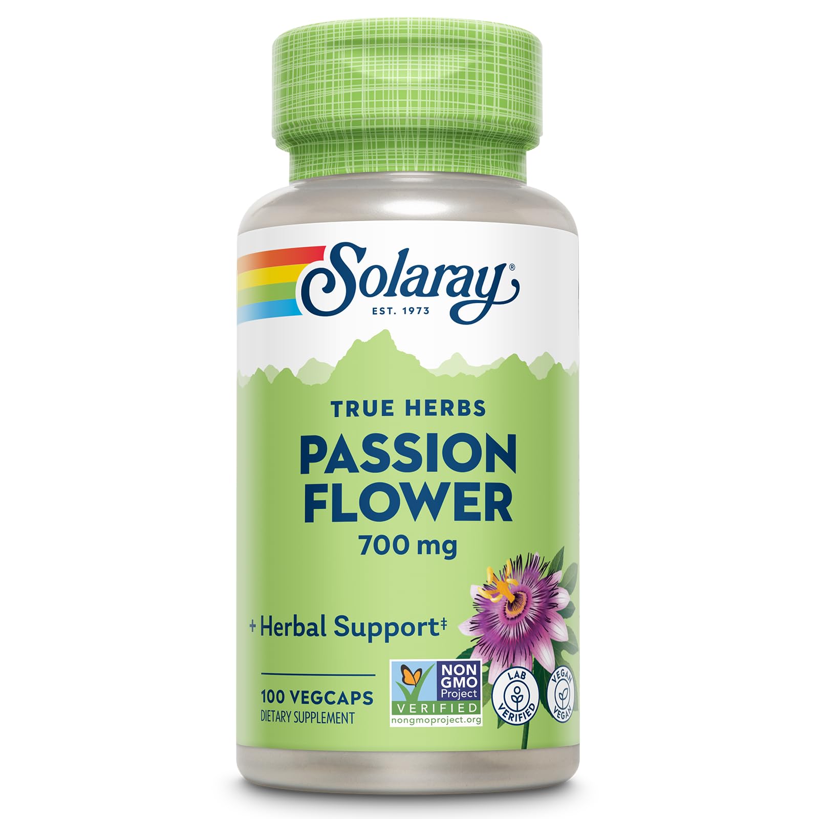 SOLARAY frasco frontal de Passion Flower con 100 VegCaps, presentación clara