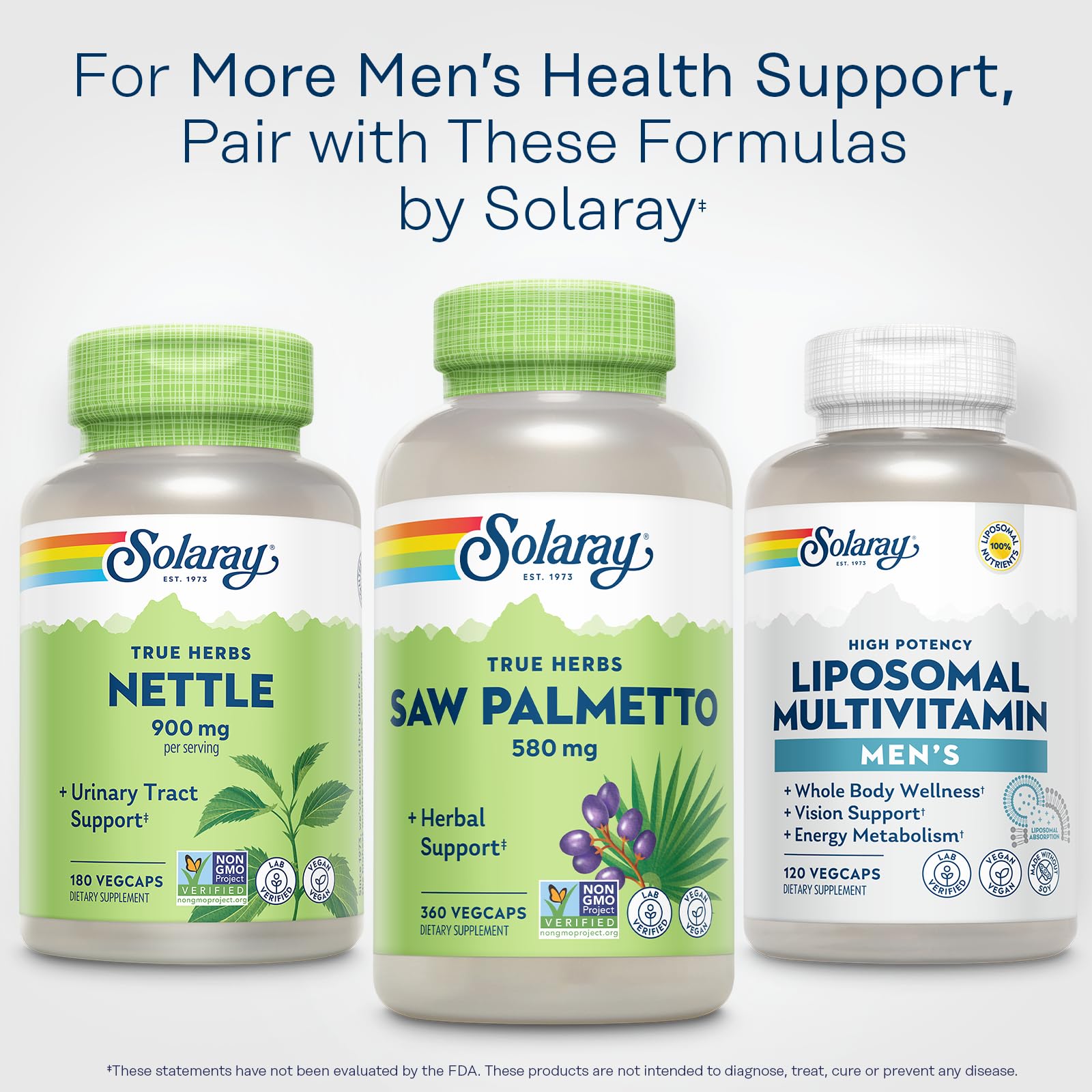 SOLARAY frasco de Saw Palmetto sobre fondo natural transmitiendo producción sostenible