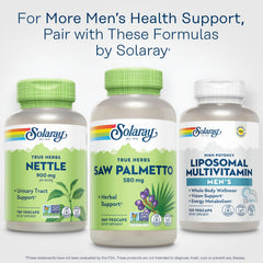 SOLARAY frasco de Saw Palmetto sobre fondo natural transmitiendo producción sostenible