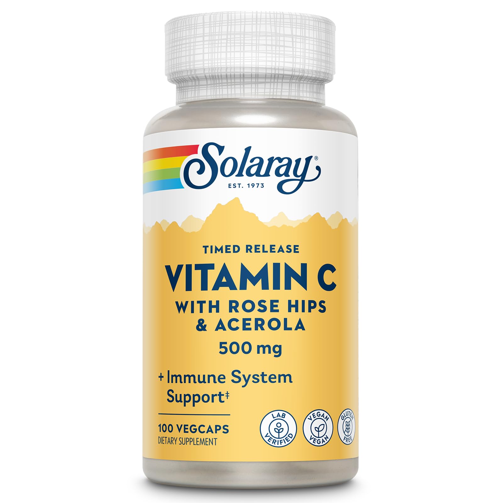 SOLARAY envase frontal de Vitamina C 500 mg mostrando 100 VegCaps y beneficio de dosificación sostenida
