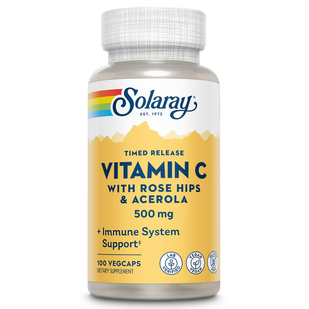 SOLARAY envase frontal de Vitamina C 500 mg mostrando 100 VegCaps y beneficio de dosificación sostenida